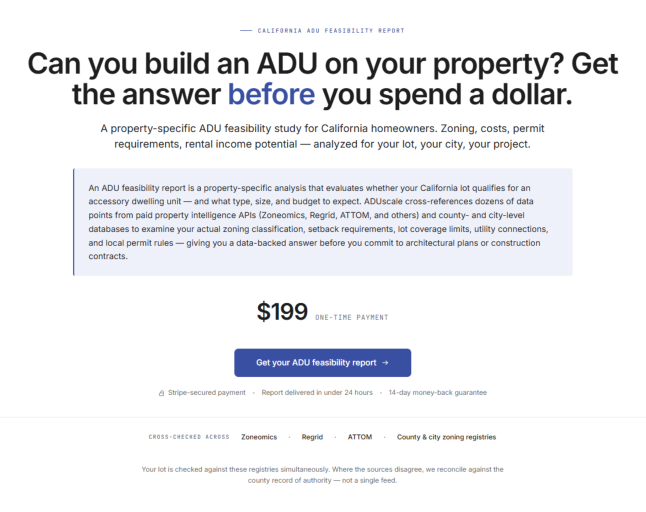 ADUscale paid ADU feasibility report page priced at $199