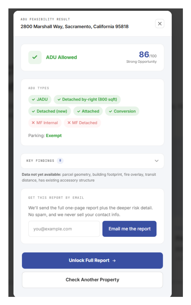 ADUscale result showing ADU allowed and an opportunity score