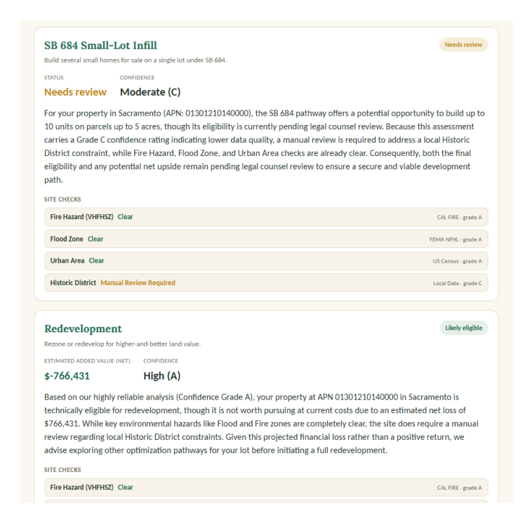 HABU beta report showing SB 684 needs review and redevelopment may not pencil
