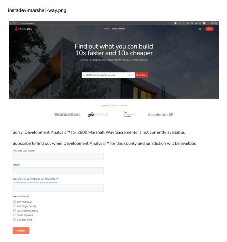 InstaDEV screen saying Development Analysis for the tested Sacramento address is not currently available