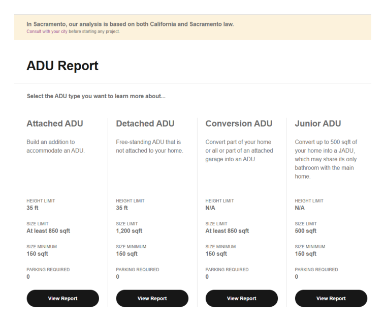 Symbium ADU report showing attached, detached, conversion, and junior ADU options