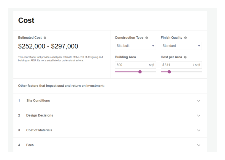 Symbium cost estimate screen for an ADU
